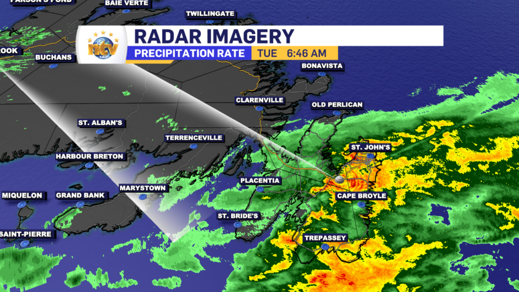 Radar imagery as of 6:46 AM NDT shows the heaviest rain over the northeast Avalon. The rain is heading east.