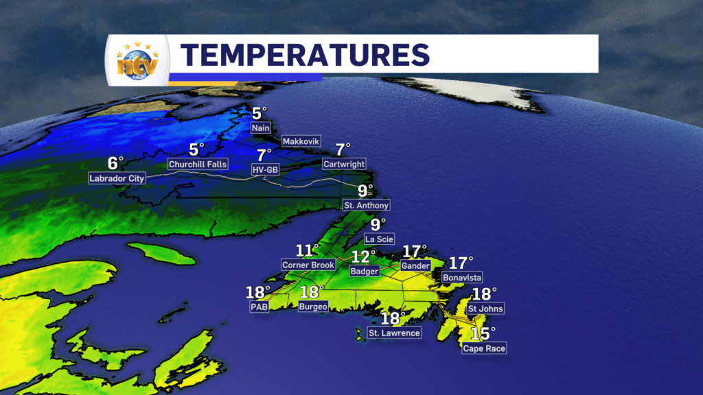 Temperatures across NL this morning as of 6:30 AM NDT. Cooler north, with single digits and warmer south, with temps in the teens.