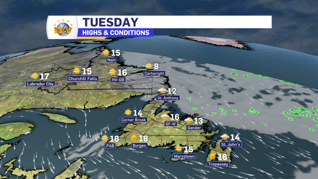 The forecast for Tuesday, September 26, 2023. Expect sunshine over much of NL with some clouds moving in later east and central